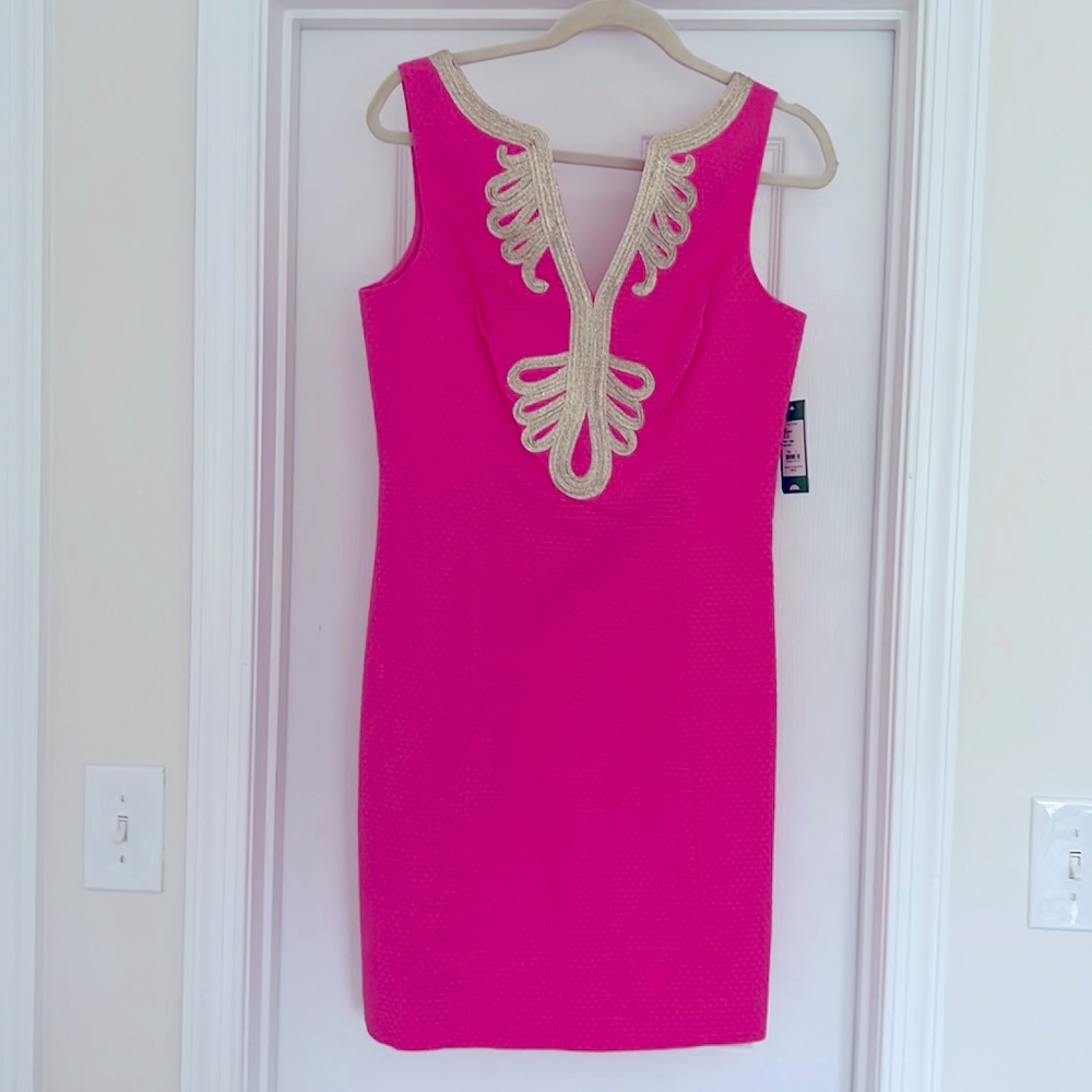Lilly Pulitzer hot pink cocktail dress with gold detail